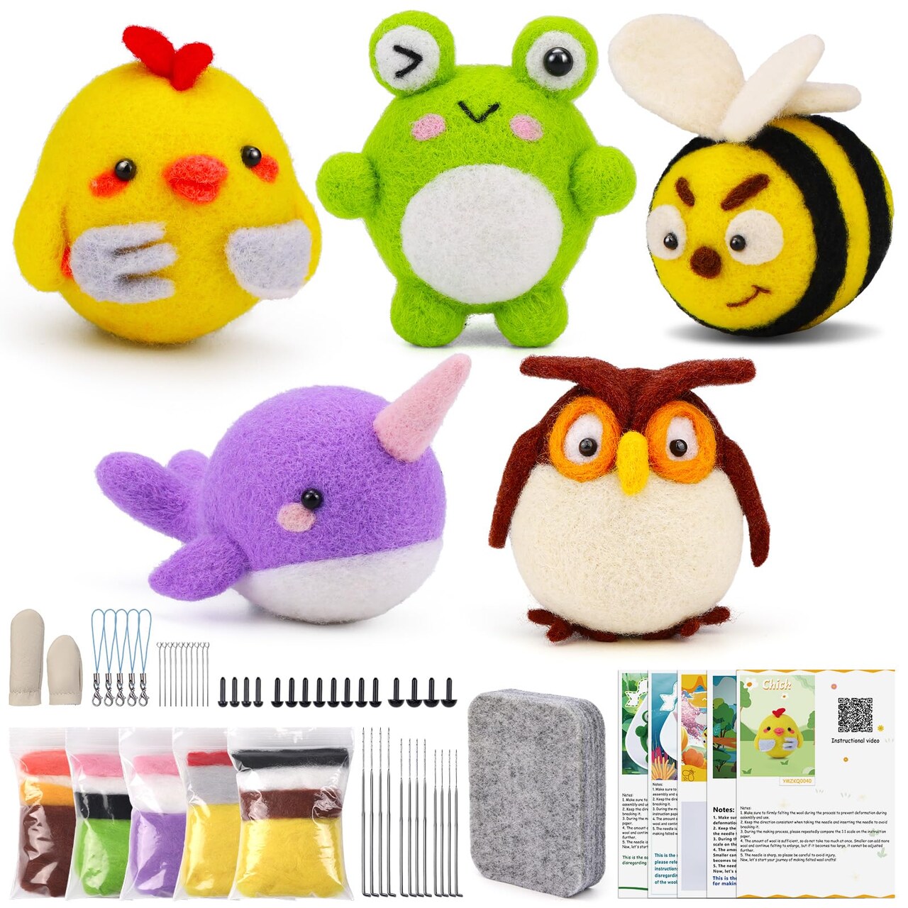 Needle Felting Kit, 5 PCS Animal Felting Kits for Beginners Adults, Wool Felting Kit Including Wool Roving, Foam Pad, Felting Needles and Instructions for DIY Felting Starters